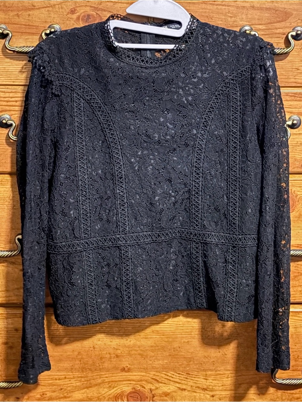 Zara Black Lace Long-Sleeve Crochet Panel Top